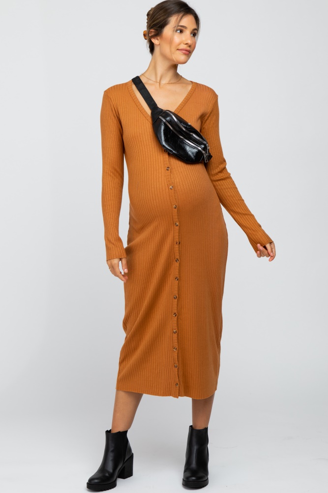 rust ribbed button front midi cardigan maternity dress