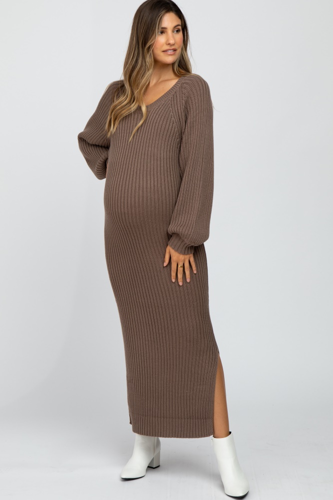 taupe side slit maternity maxi sweater dress