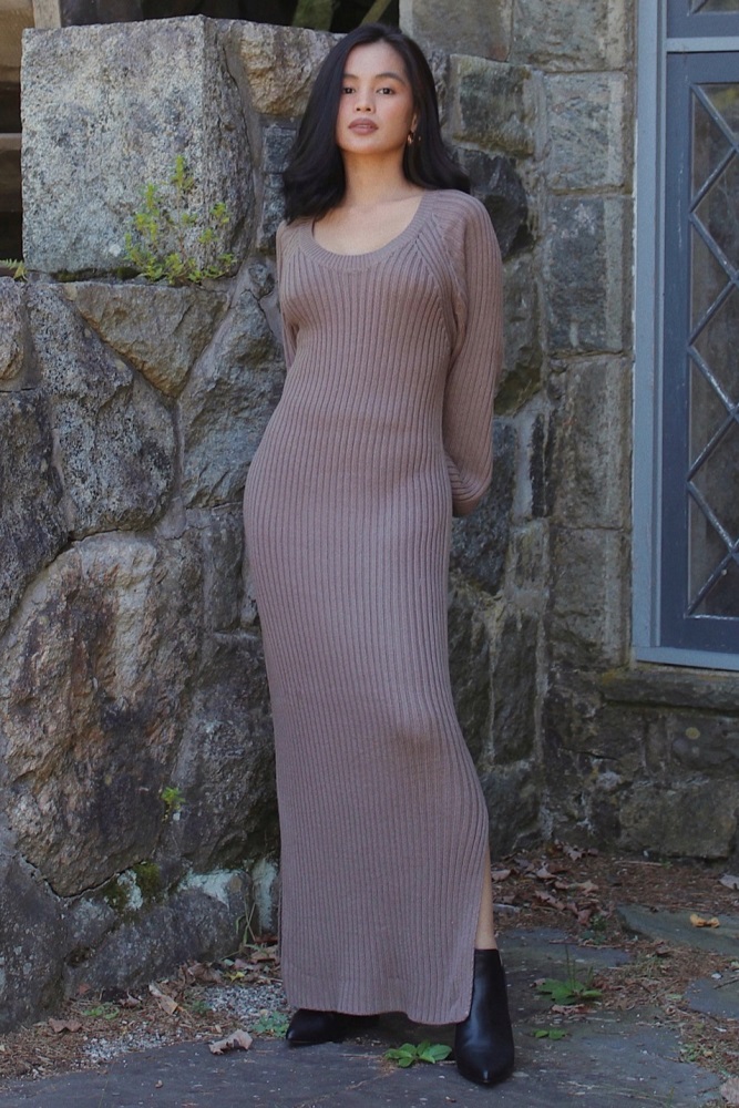 Taupe Side Slit Maxi Sweater Dress  PinkBlush