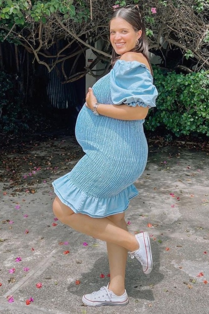 Light Blue Square Neck Smocked Denim Maternity Dress  PinkBlush