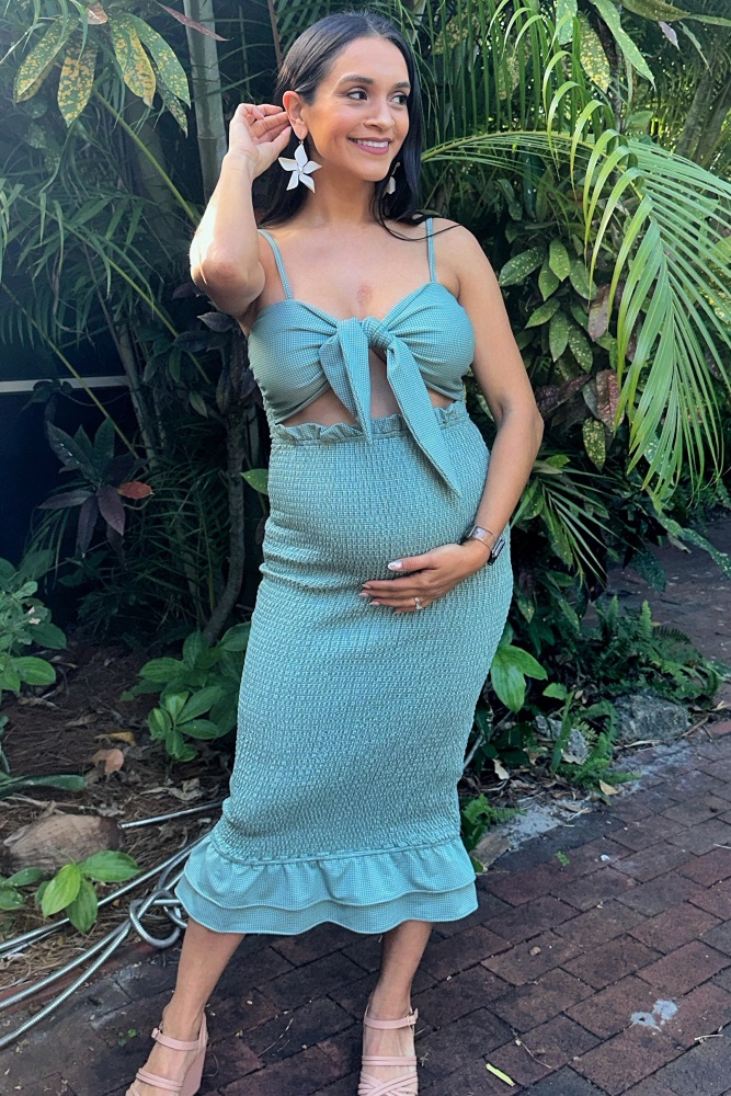 Green Gingham Print Smocked Fitted Self-Tie Maternity Midi Dress