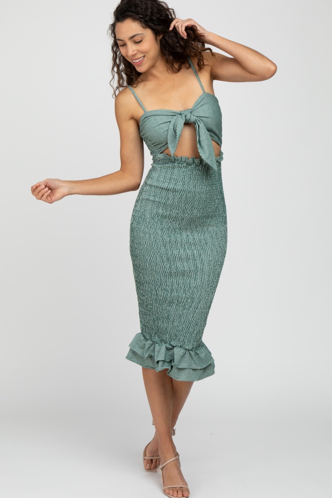 green gingham print smocked fitted self-tie midi dress