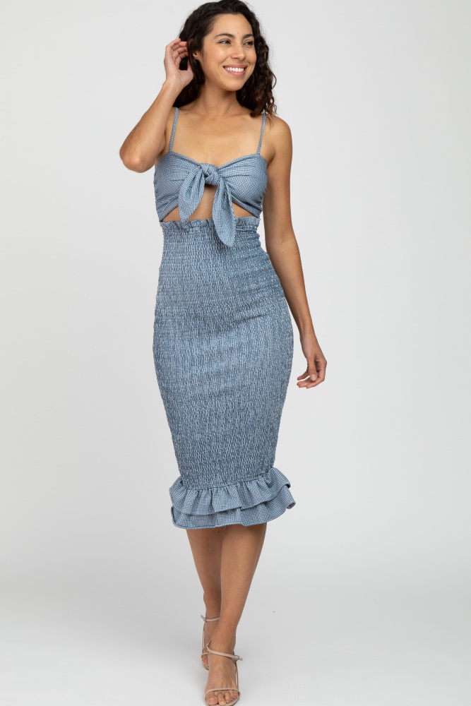 blue gingham print smocked fitted self-tie midi dress