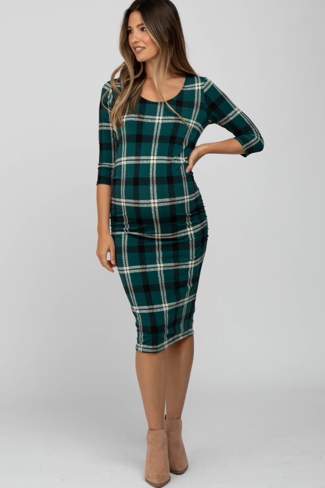 forest green plaid 3/4 sleeve ruched maternity dress