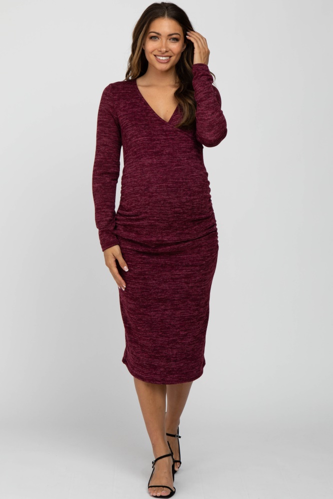 burgundy heather wrap fitted maternity dress