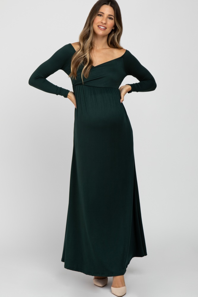 forest green wrap front empire waist maternity maxi dress