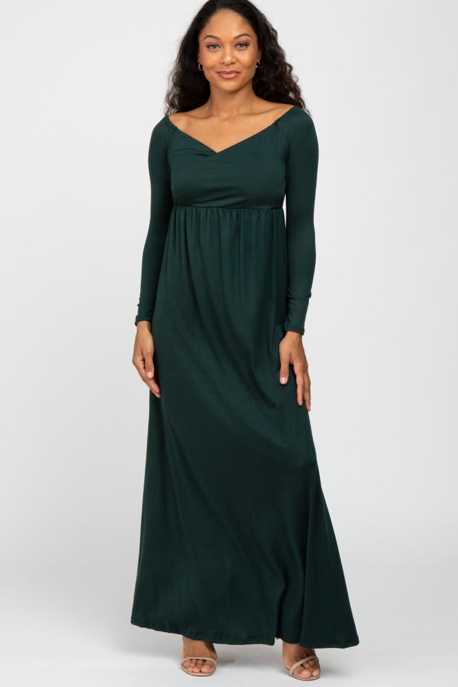 forest green wrap front empire waist maxi dress