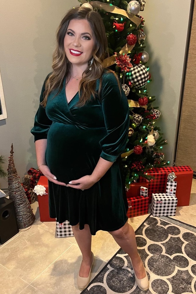 Green Velvet Wrap Front Babydoll Maternity Dress  PinkBlush