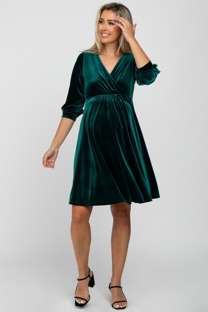 green velvet wrap front babydoll maternity dress