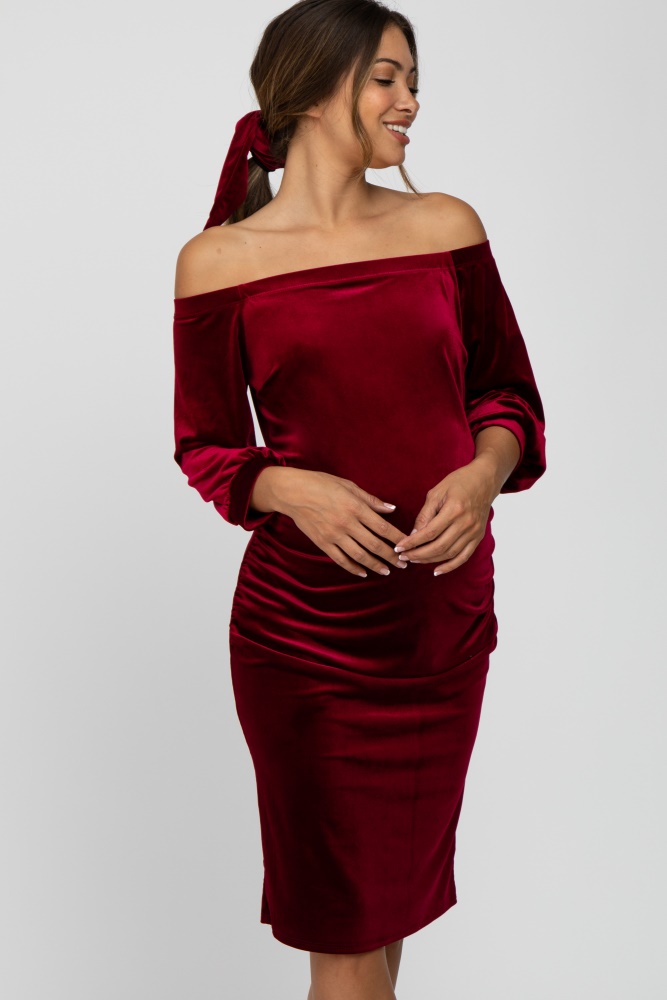 burgundy velvet off shoulder fitted maternity dress