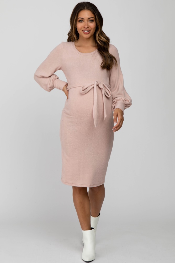 Pink Soft Waist Tie Bubble Sleeve Maternity Dress
