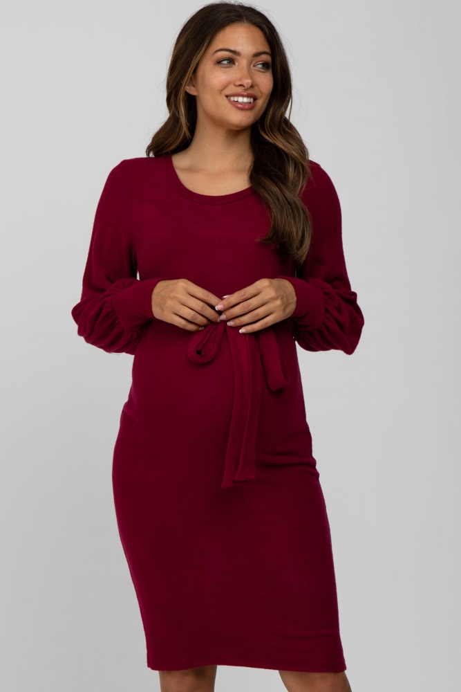 burgundy soft brushed waist tie bubble sleeve maternity dress