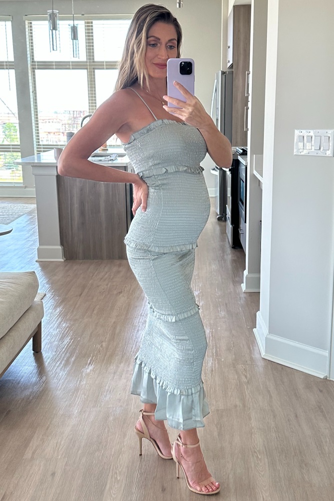 Sage Satin Smocked Fitted Maternity Midi Dress