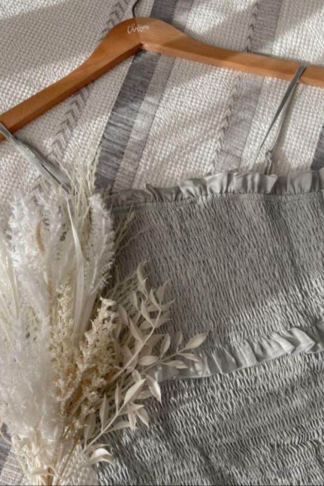 Sage Satin Smocked Fitted Maternity Midi Dress