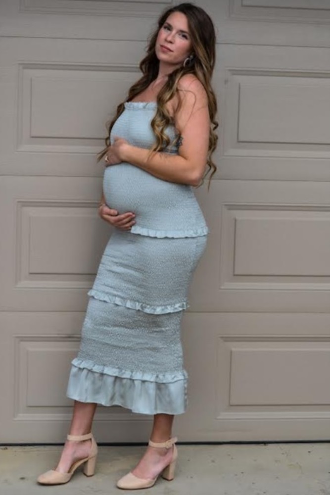 Sage Satin Smocked Fitted Maternity Midi Dress