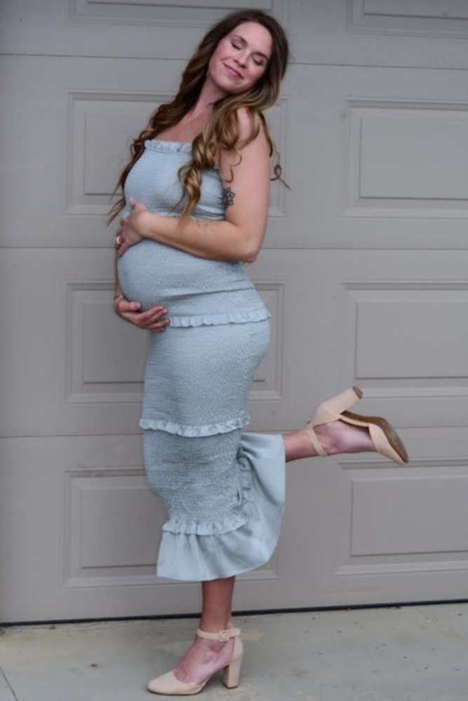 Sage Satin Smocked Fitted Maternity Midi Dress