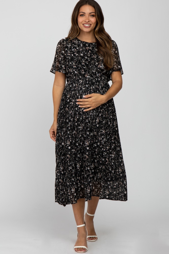 black floral pleated short sleeve chiffon maternity midi dress