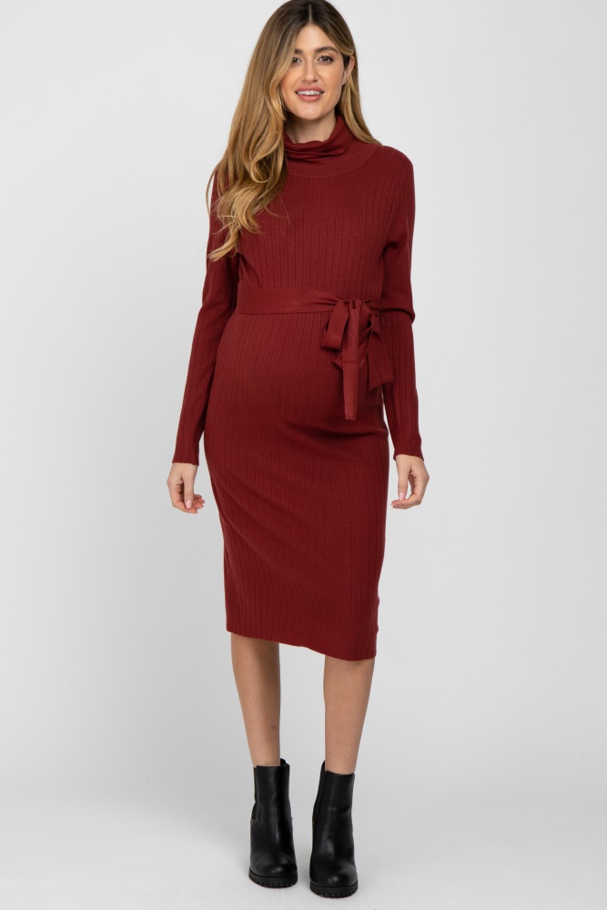 burgundy ribbed turtleneck maternity sweater dress