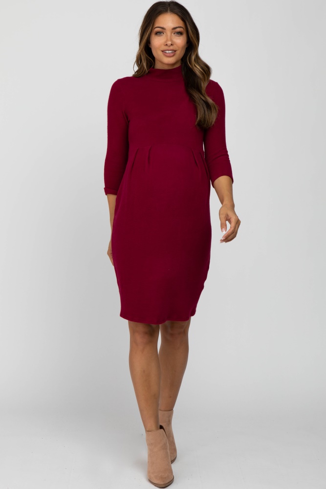 burgundy brushed mock neck fitted maternity dress