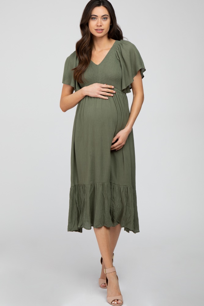 olive smocked ruffle maternity dress