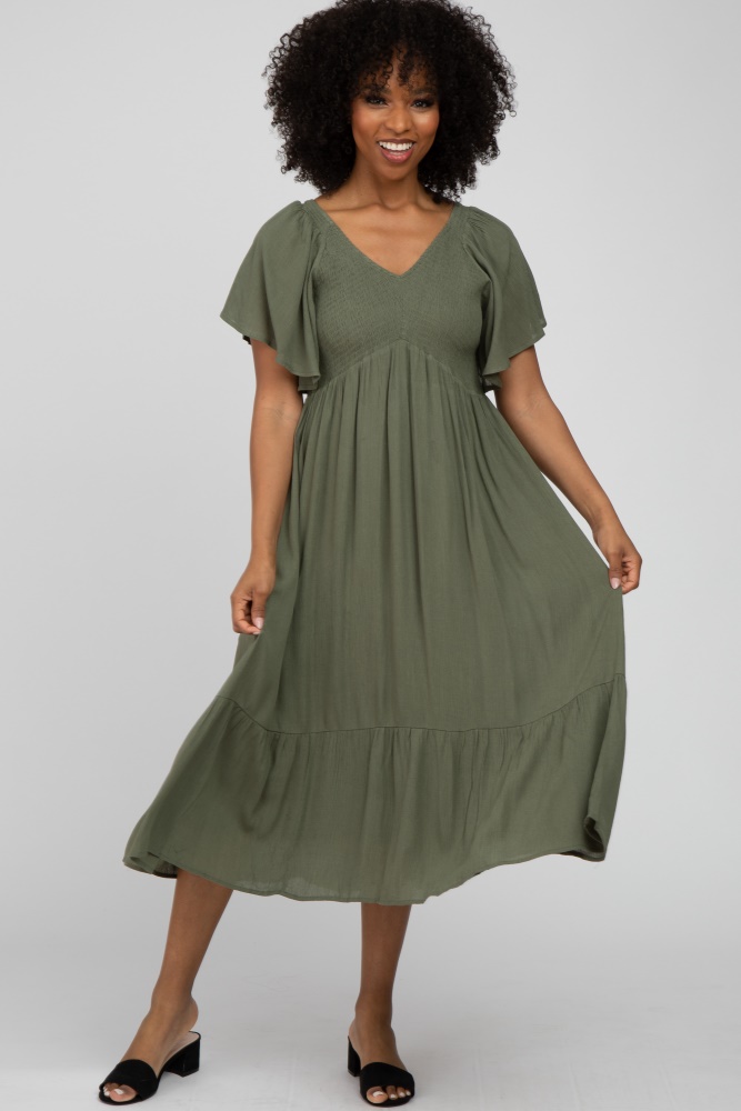 olive smocked ruffle dress