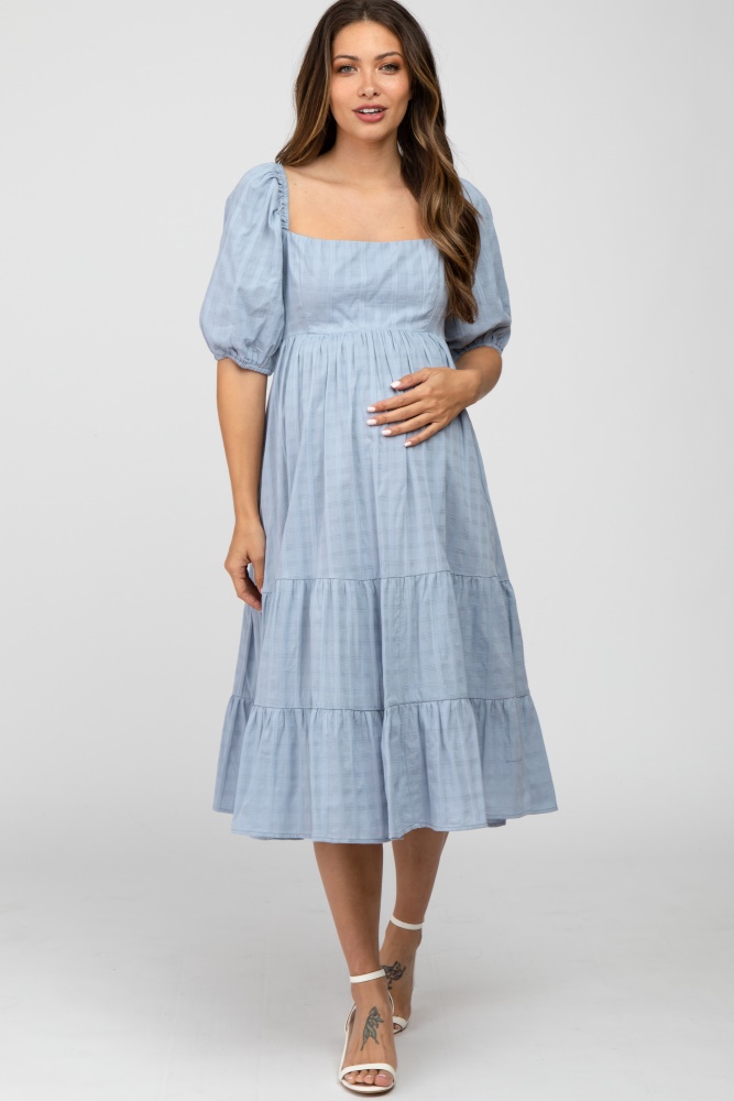 blue plaid square neck maternity midi dress