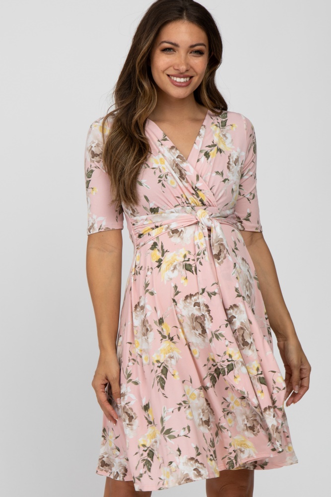 light pink floral waist tie maternity dress