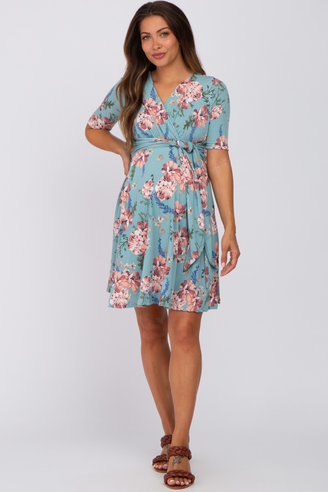 mint green floral waist tie maternity dress