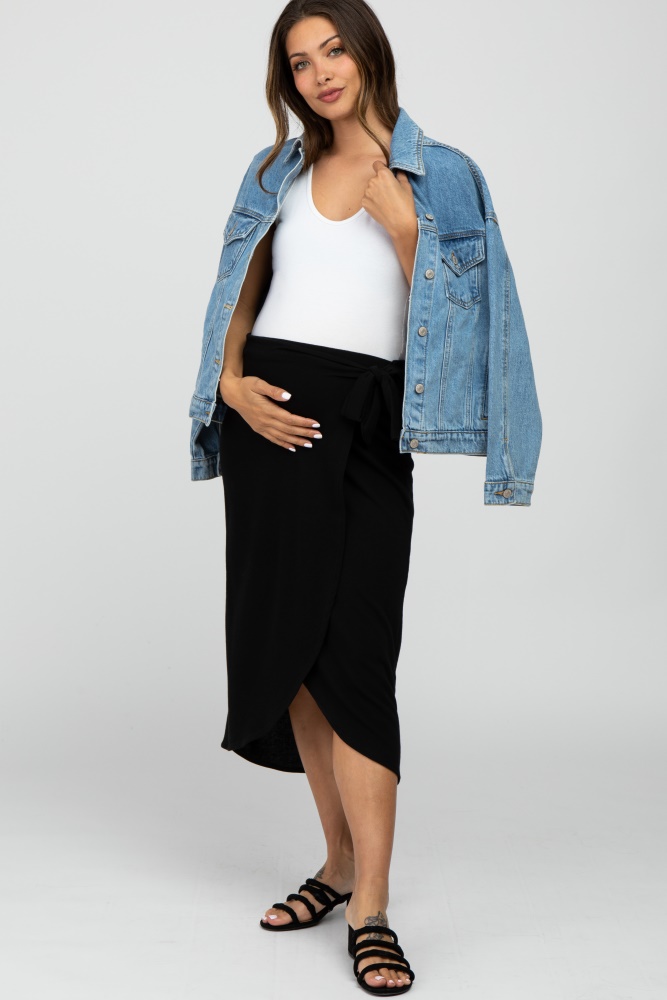 Black Wrap Maternity Midi Skirt