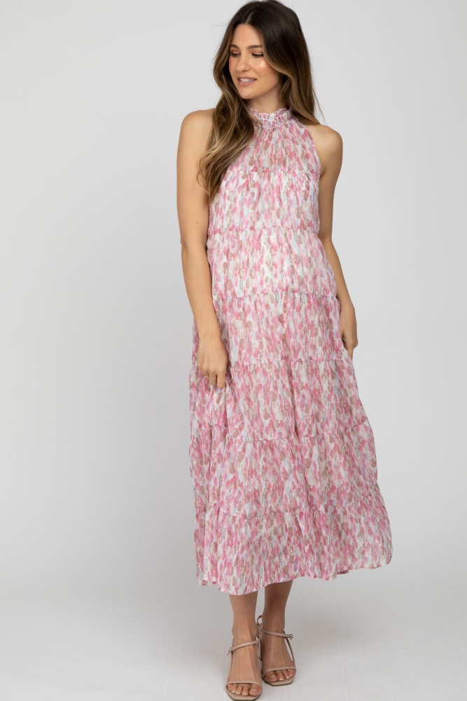 pink printed sleeveless tiered maternity midi dress