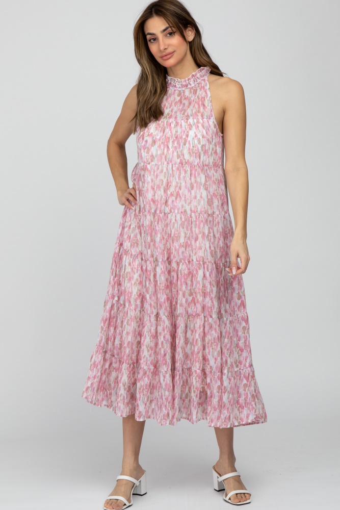 pink printed sleeveless tiered midi dress