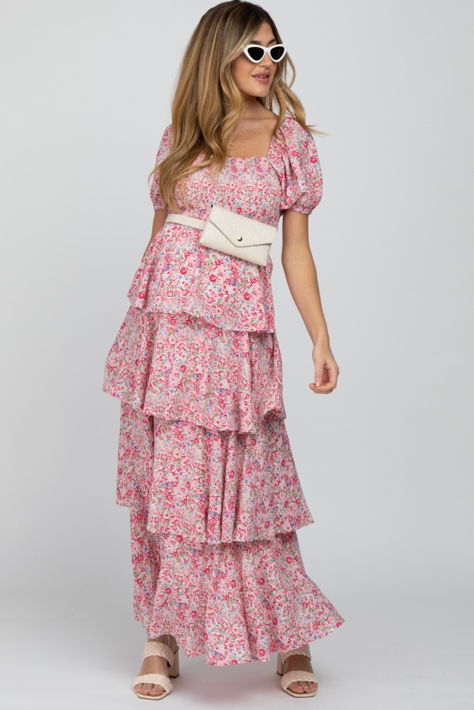 pink floral square neck ruffle layered maternity maxi dress