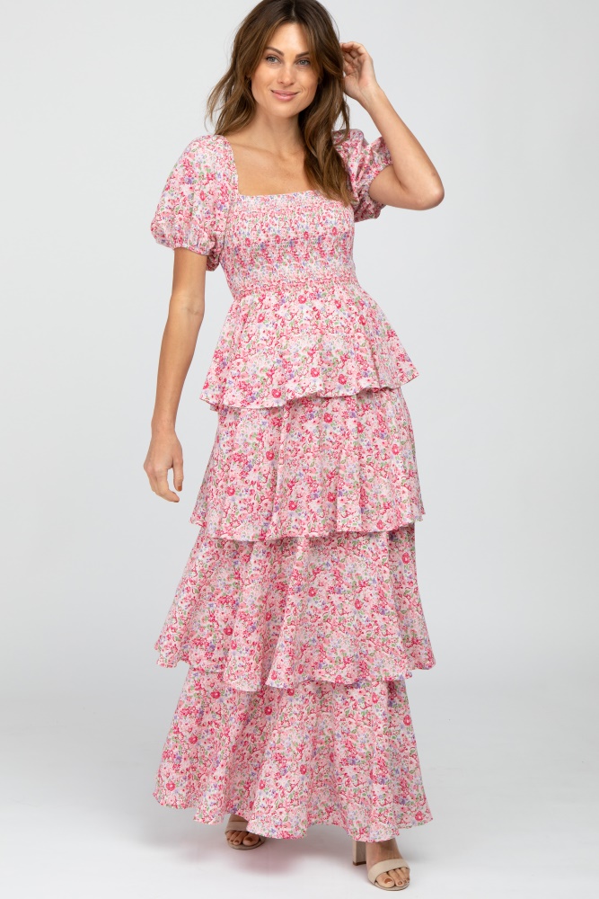 pink floral square neck ruffle layered maxi dress