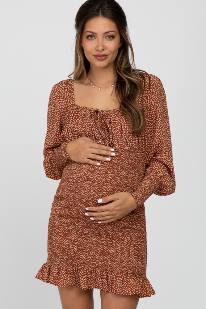 rust leaf print smocked maternity dress