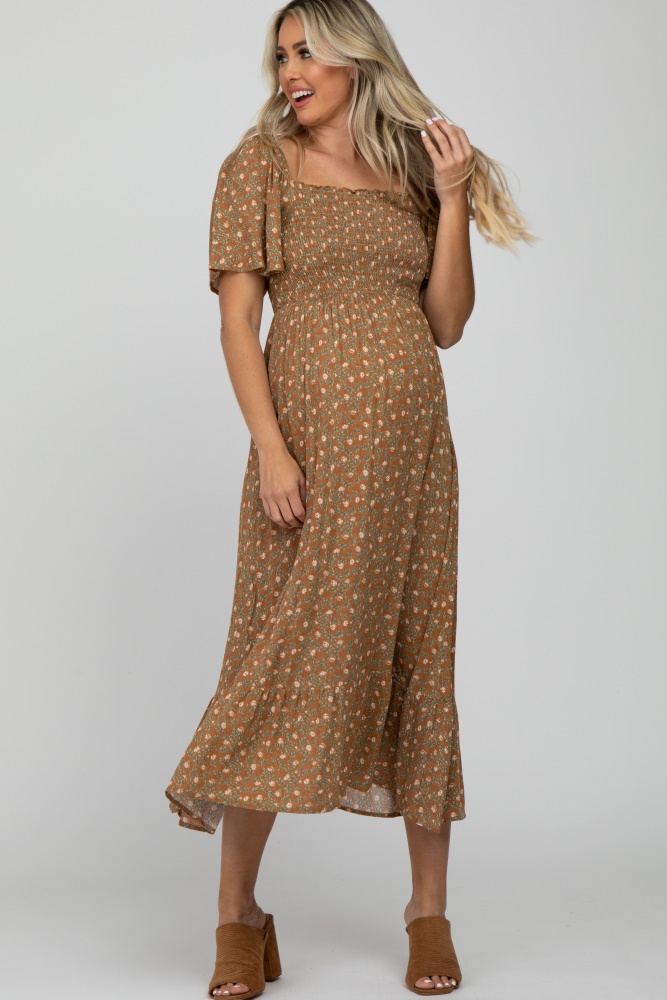 camel floral smocked square neck maternity midi dress