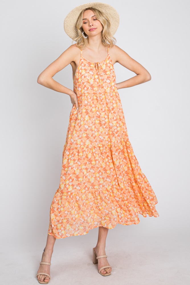 Orange Floral Tiered Chiffon Dress