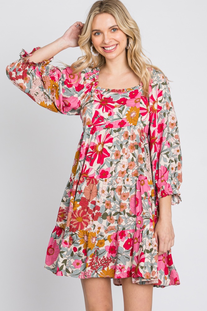 pink floral 3/4 sleeve tiered dress