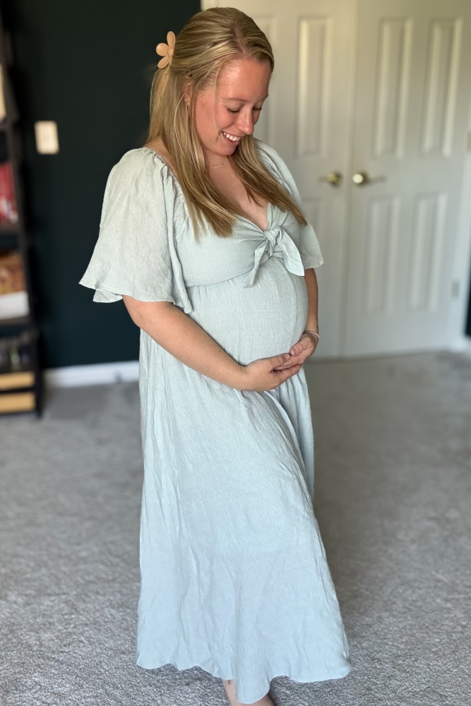 Light Blue Front Tie Ruffle Sleeve Maternity Midi Dress  PinkBlush