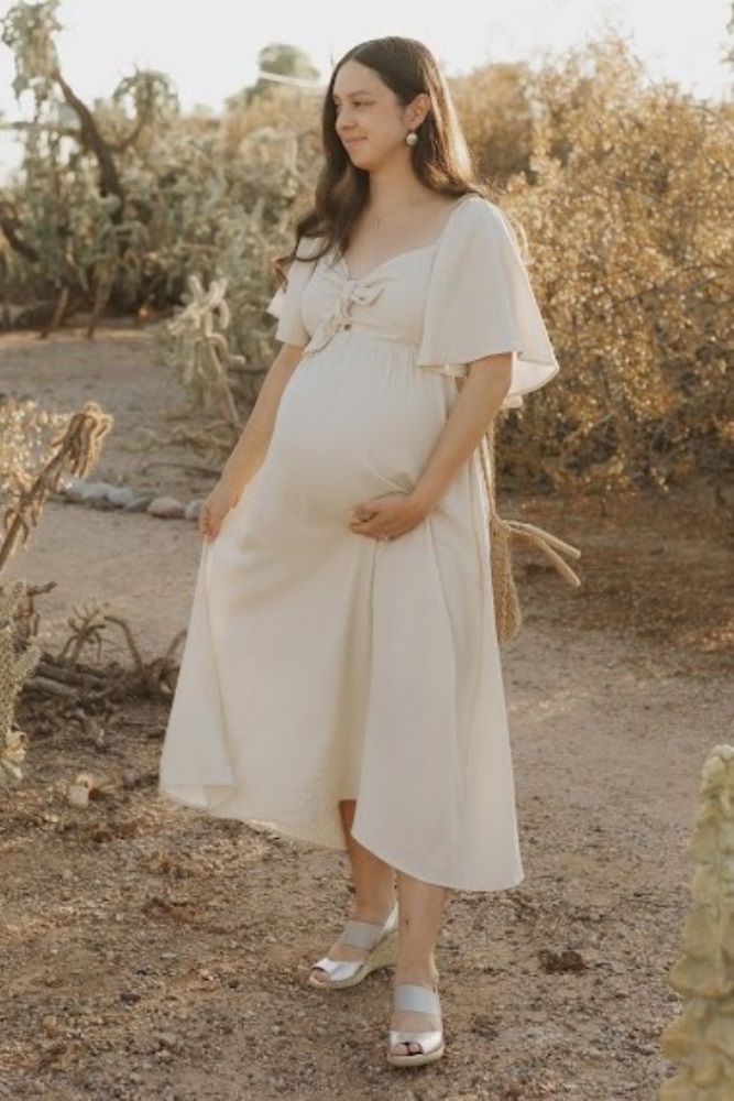 Beige Front Tie Ruffle Sleeve Maternity Midi Dress Small