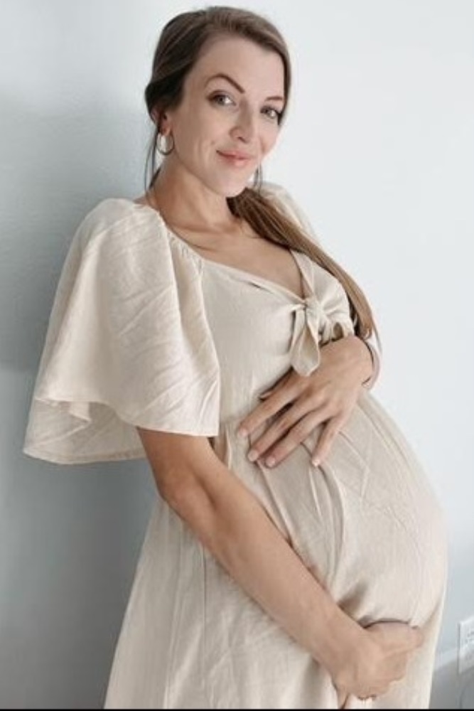 Beige Front Tie Ruffle Sleeve Maternity Midi Dress  PinkBlush