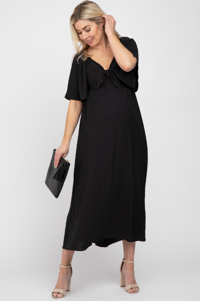 black textured dot front tie ruffle sleeve maternity midi dress