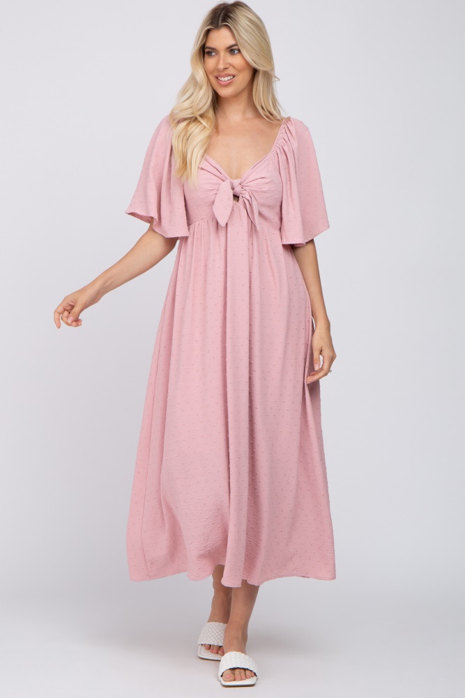 mauve textured dot front tie ruffle sleeve midi dress