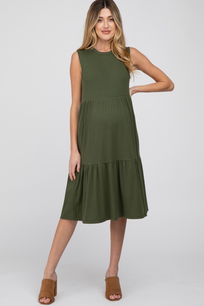 olive ribbed tiered maternity midi dress