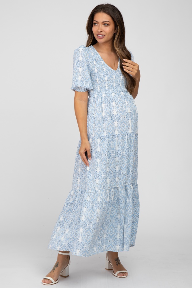 Light Blue Striped Ruffle Accent Maternity Maxi Dress– PinkBlush