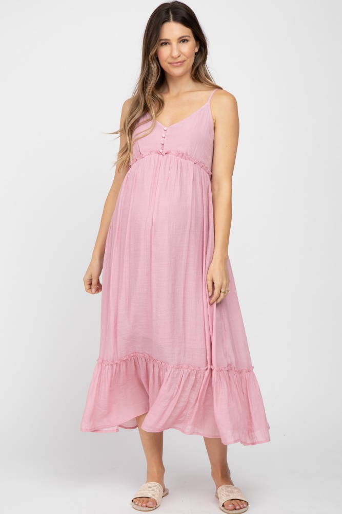 pink sleeveless ruffle hem maternity maxi dress