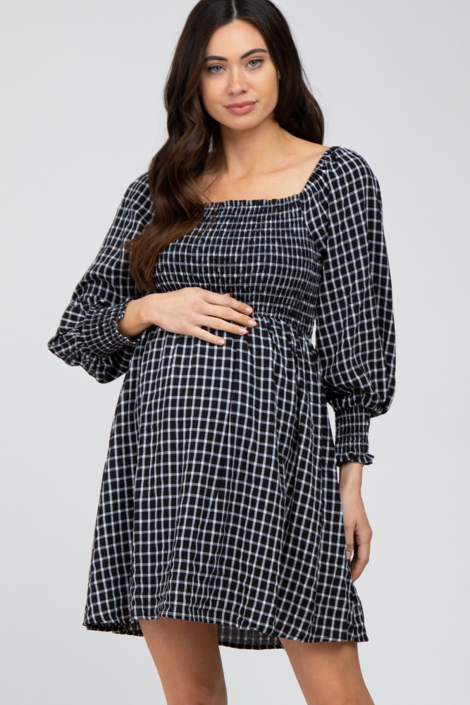 black plaid smocked maternity dress