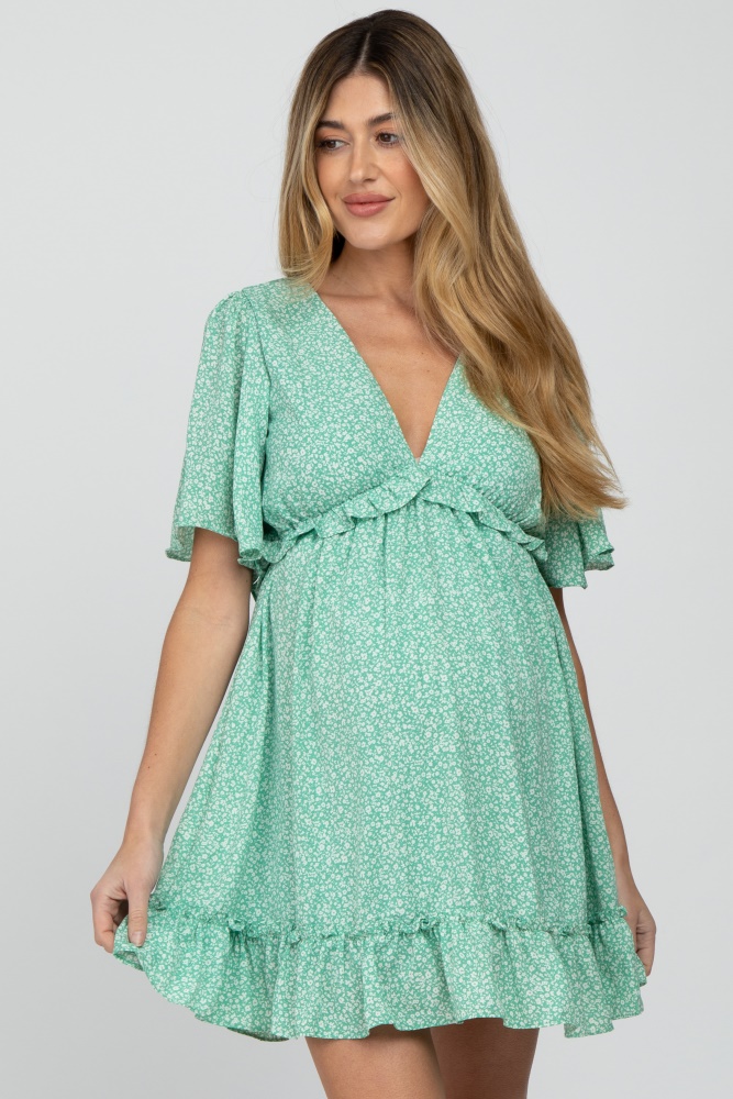 mint green floral ruffle accent cutout maternity dress