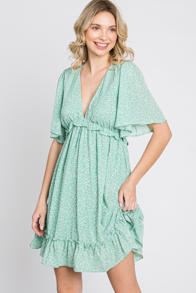 mint green floral ruffle accent cutout dress