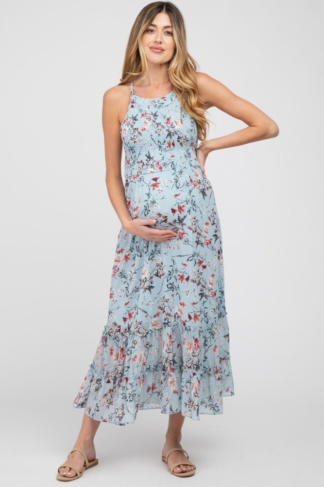 light blue floral chiffon smocked maternity midi dress