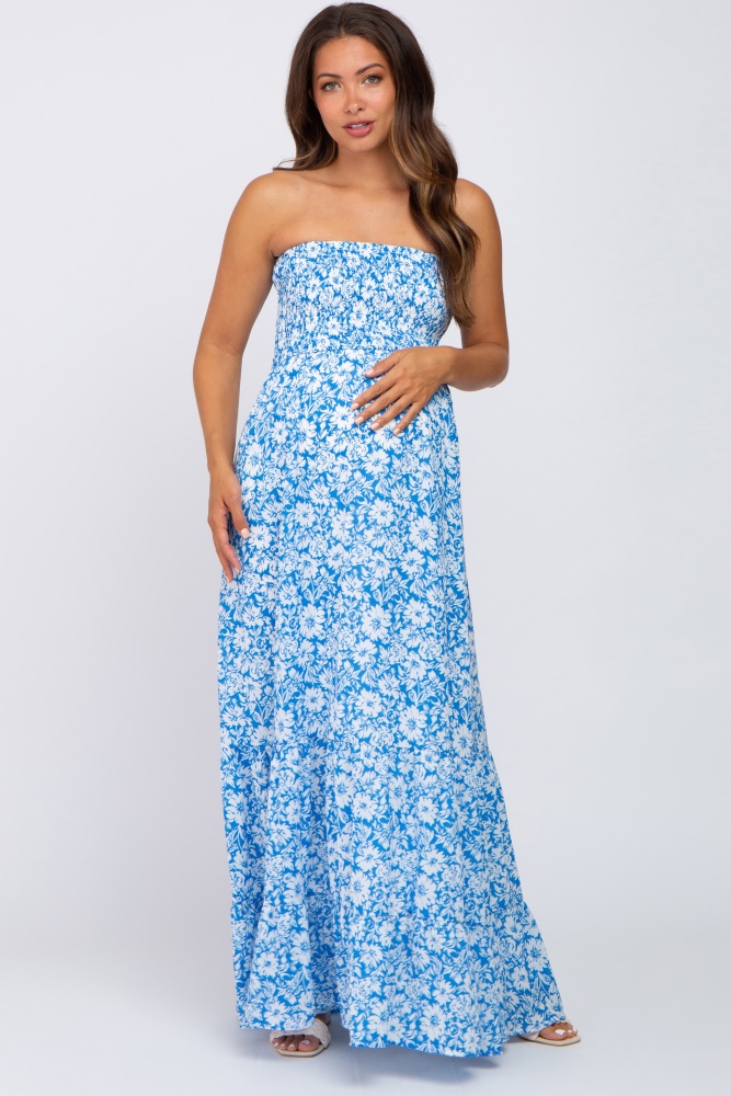 blue floral strapless smocked maternity maxi dress